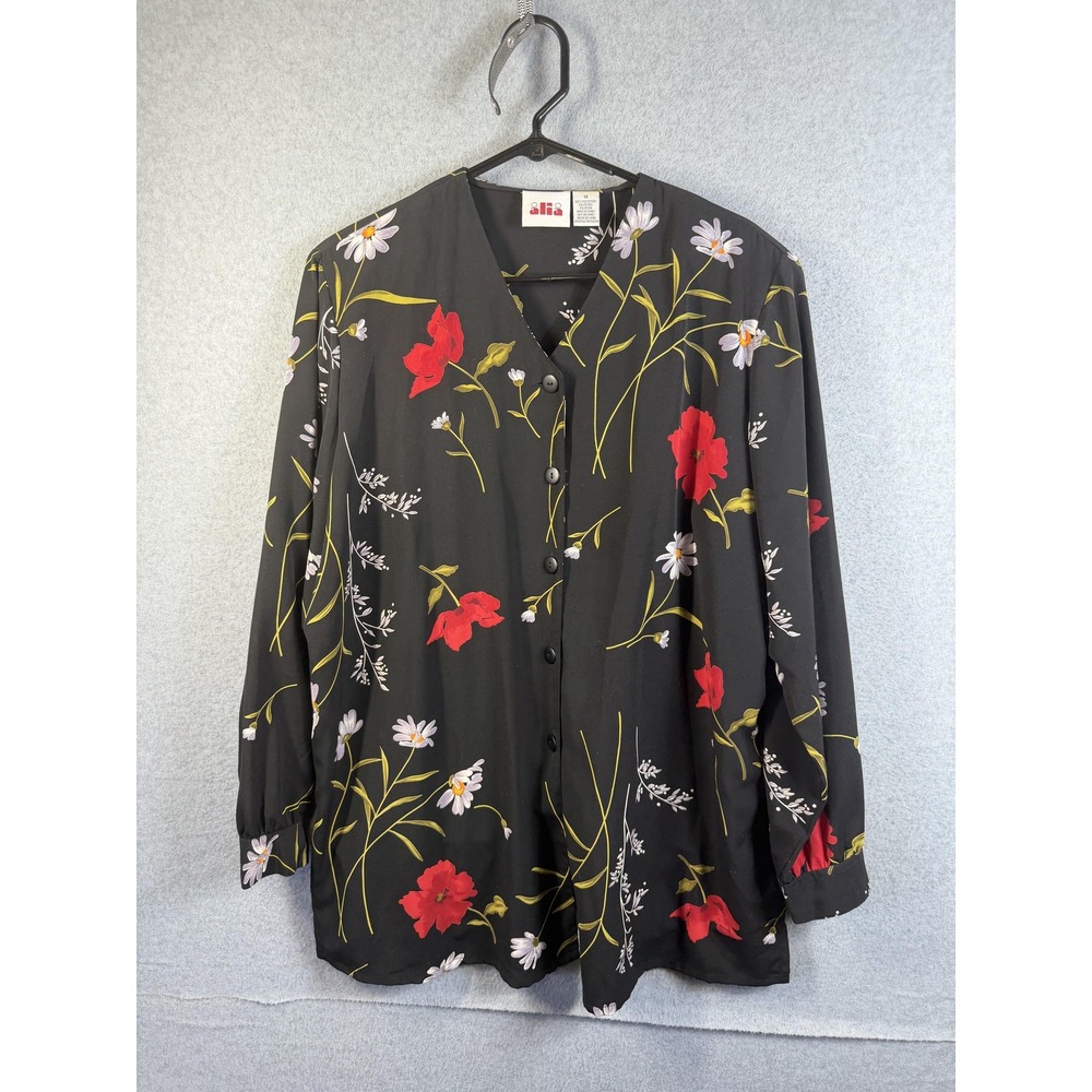 Alia Blouse Womens 18 Black Floral Print Button Front Long Sleeve Tunic Top